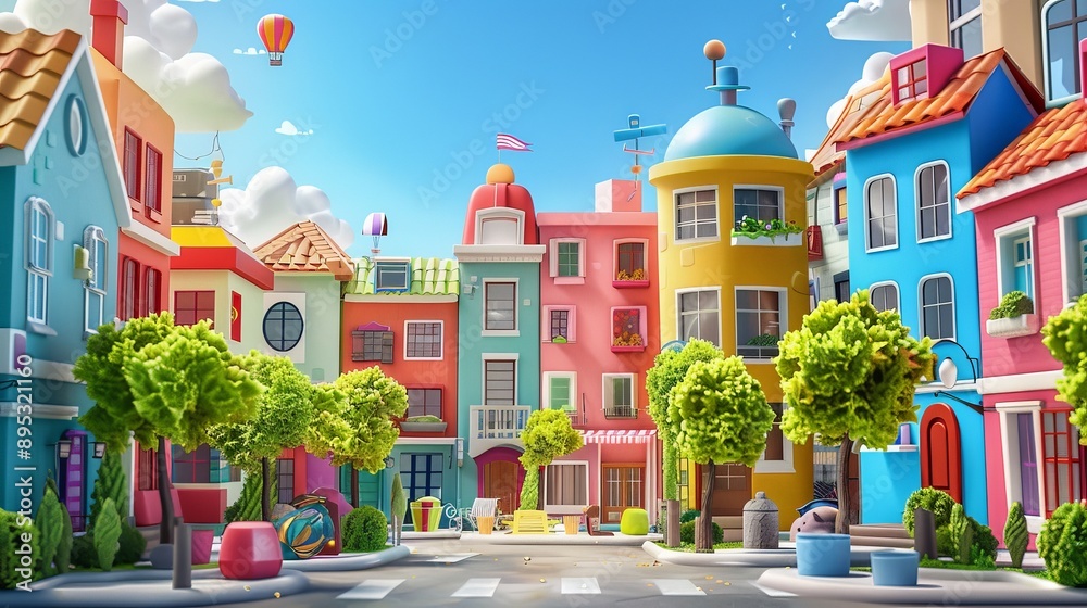 Colorful 3D cartoon cityscape with whimsical buildings and playful street scenes, set against a high-quality background capturing the vibrant and dynamic environment Colorful 3D cartoon cityscape with whimsical buildings and playful street scenes, set against a high-quality background capturing the vibrant and dynamic environment