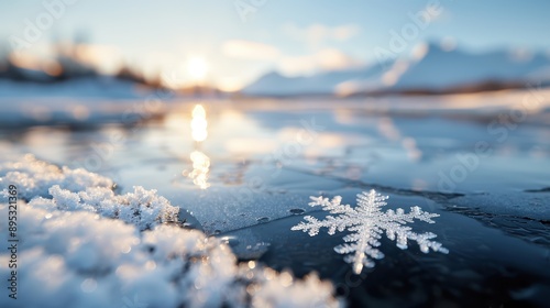 A perfectly shaped snowflake rests on a frozen lake's surface during a serene winter sunset, capturing the beauty and calmness of nature's intricate designs in cold weather.