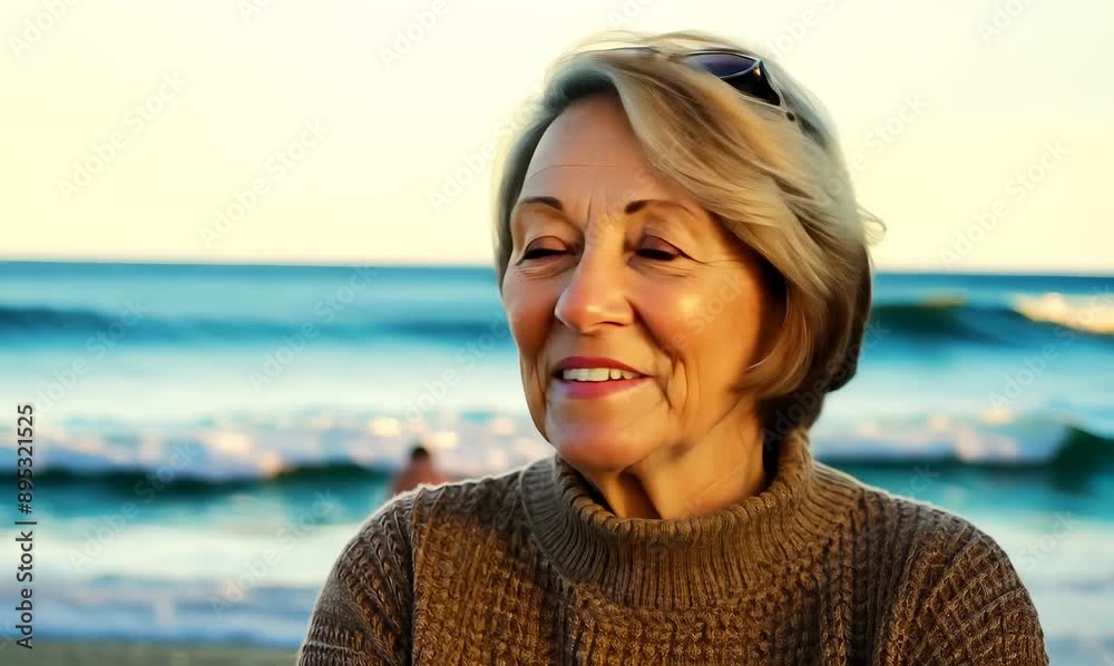 Medium shot portrait video of a pleased woman in her 50s that is wearing a cozy sweater against a surfing competition at a tropical beach background Medium shot portrait video of a pleased woman in her 50s that is wearing a cozy sweater against a surfing competition at a tropical beach background