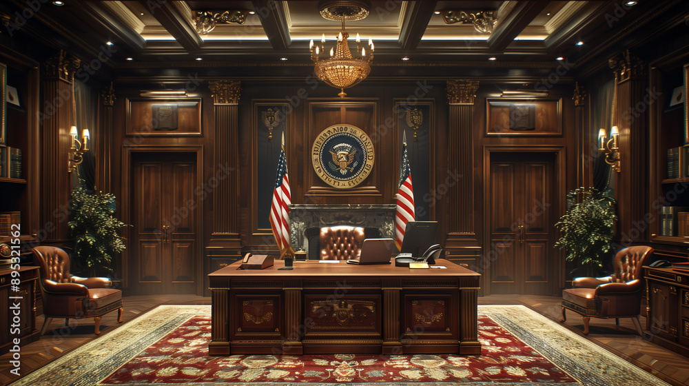 Dignified Government Office Interior: Flags, Official Emblems, and a Solemn Atmosphere Reflecting Integrity and Professionalism Dignified Government Office Interior: Flags, Official Emblems, and a Solemn Atmosphere Reflecting Integrity and Professionalism