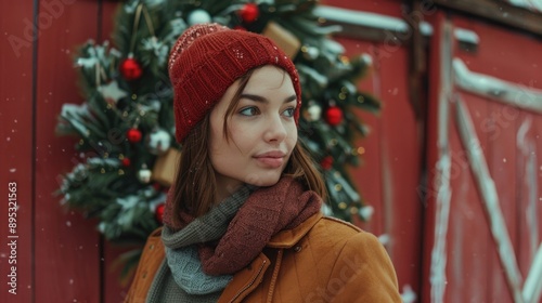 A woman dressed warmly in a red hat and scarf, likely outdoors on a winter day