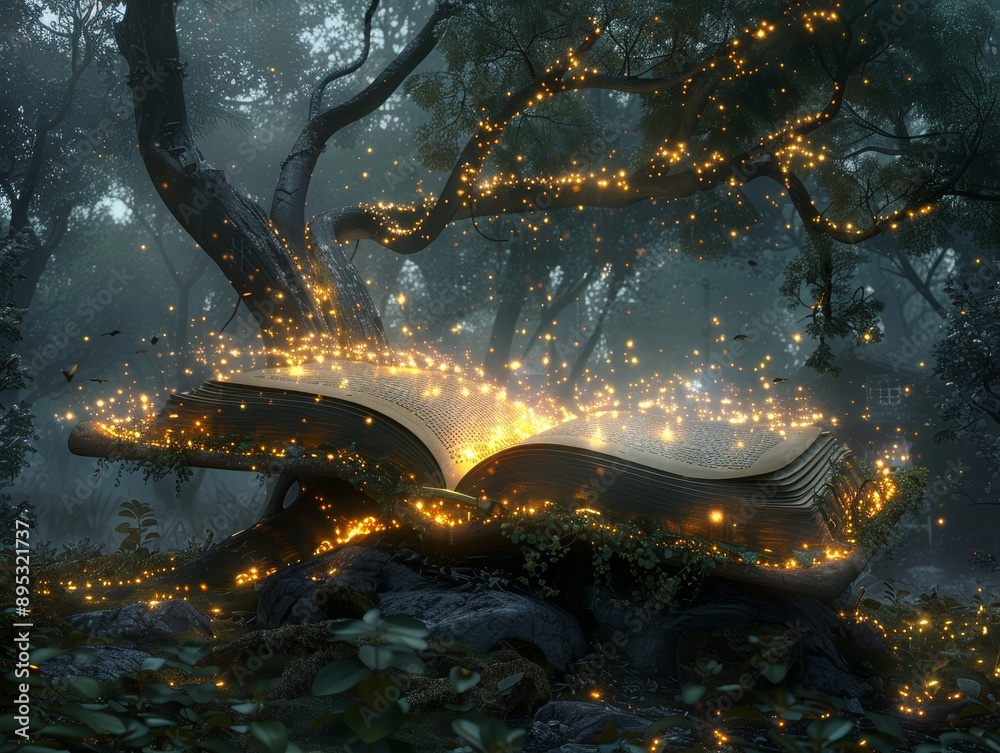 Enchanted Open Book Illuminating a Mystical Forest - Magical Literature Fantasy Concept