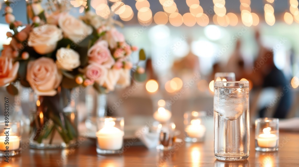 Obraz premium An elegant table set for a special occasion, adorned with a beautiful floral centerpiece and surrounded by glowing candles, creating a warm, inviting atmosphere.