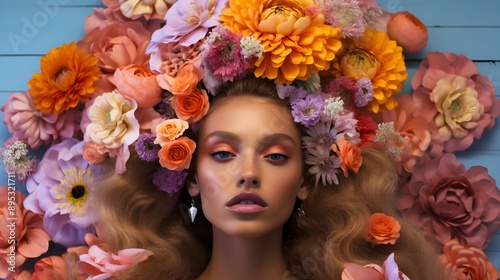 Floral Accents Captivating Model Adorned with Vibrant Botanical Blooms © thanarak