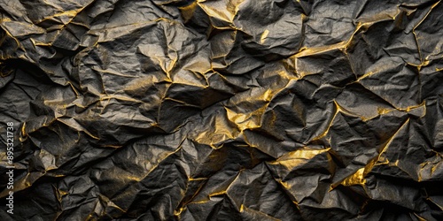 Close-up view of textured black paper with dynamic crinkles and gold streaks, black, paper, textured, gold, streaks