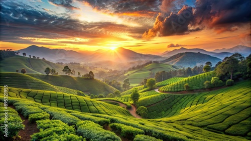 Beautiful sunset over the tea plantations in Munnar, Kerala, India, tea, plantations, Munnar, Kerala, India, landscape