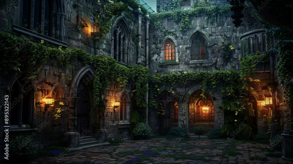 Enchanted medieval castle courtyard at twilight, illuminated by torches and surrounded by ivy-covered stone walls, with a high-quality background creating a mystical atmosphere 
