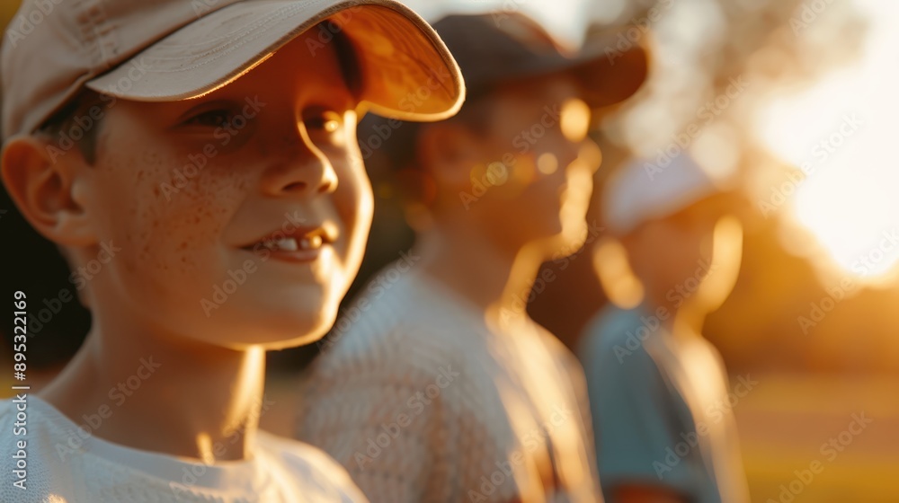 Naklejka premium Several kids, each wearing a hat, stand side by side and enjoy the tranquil park environment as the sun sets, basking in the golden evening glow.