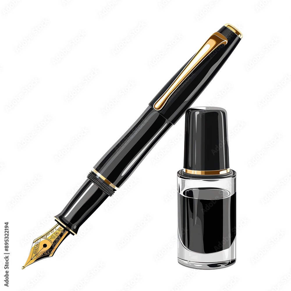 Elegant fountain pen and a bottle of black ink, perfect for writing, drawing, or adding a classic touch to your stationery collection. Elegant fountain pen and a bottle of black ink, perfect for writing, drawing, or adding a classic touch to your stationery collection.