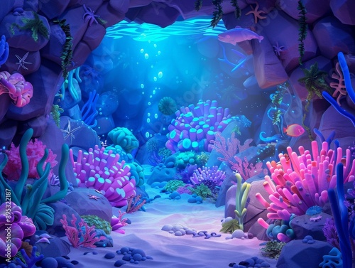 Enchanting 3D cartoon underwater cave with glowing sea creatures, mysterious treasures, and vibrant coral, surrounded by a high-quality background that enhances the magical adventure 