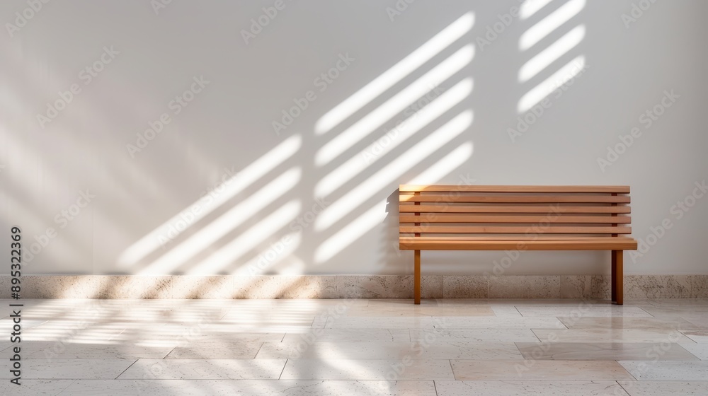 A minimalist interior scene featuring a wooden bench against a wall, where shadows cast intriguing linear patterns, adding depth and artistic interest to the composition. A minimalist interior scene featuring a wooden bench against a wall, where shadows cast intriguing linear patterns, adding depth and artistic interest to the composition.
