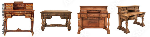 Exclusive collection of vintage wooden desks showcasing intricate designs and craftsmanship, perfect for home or office decor.