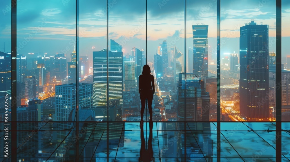 Silhouette of a person in a window with cityscape background, business environment in an urban office or airport, featuring a woman looking out at skyscrapers and glass architecture Silhouette of a person in a window with cityscape background, business environment in an urban office or airport, featuring a woman looking out at skyscrapers and glass architecture