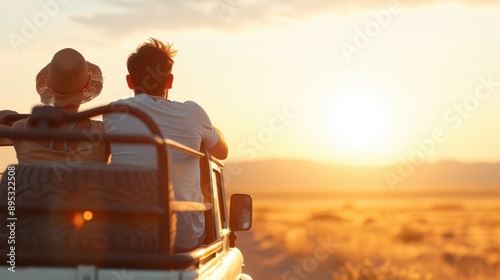 A couple in an open-top vehicle enjoys a scenic desert sunset, symbolizing travel, freedom, and romance. The sun is setting in the vast, sandy landscape. photo