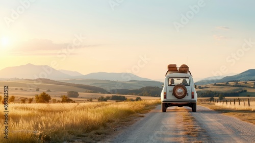 Wallpaper Mural A white car drives on a dirt road through the picturesque countryside, showcasing adventure and travel. The road is surrounded by open fields under a calming sky. Torontodigital.ca