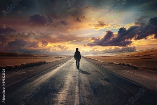 Image of a person walking down a deserted road, symbolizing journey and solitude, set against a high-quality backdrop that enhances the theme 