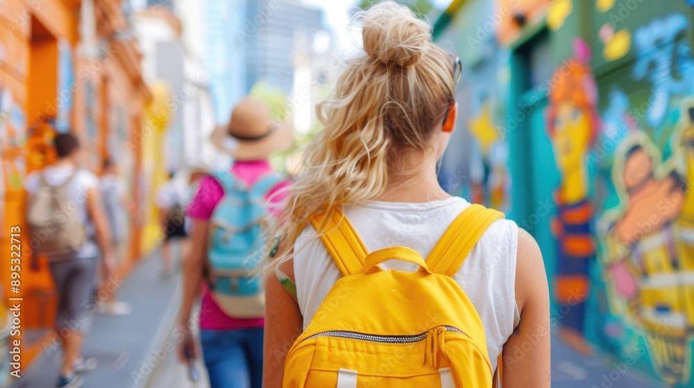 A woman with a yellow backpack walks through a vibrant alleyway adorned with colorful graffiti, experiencing the joy of discovery and urban exploration.