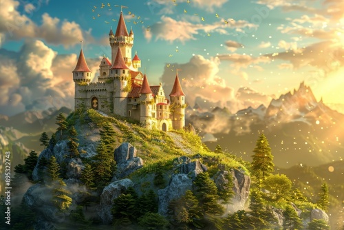Wallpaper Mural Magical 3D cartoon castle on a hill, surrounded by enchanted forests and whimsical landscapes, with a high-quality background capturing the fantasy and wonder of the scene  Torontodigital.ca