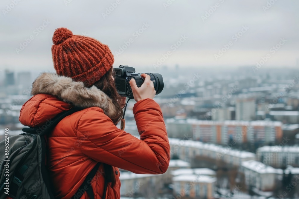 Obraz premium Person candidly capturing photos of their surroundings with a camera, set against a high-quality backdrop of a scenic view or urban landscape