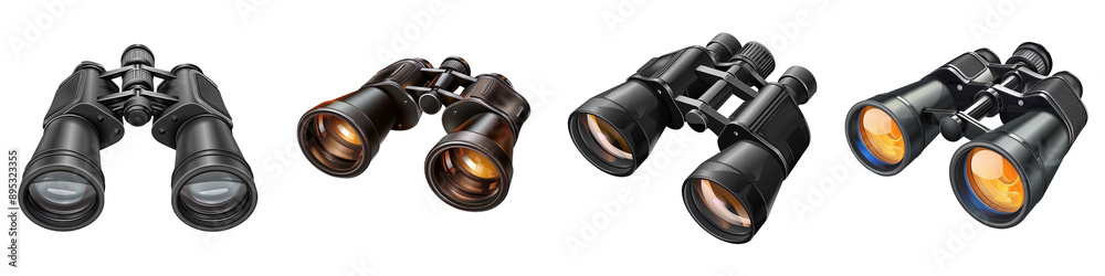 A collection of four binoculars showcasing different designs and features, ideal for outdoor activities and wildlife observation. A collection of four binoculars showcasing different designs and features, ideal for outdoor activities and wildlife observation.