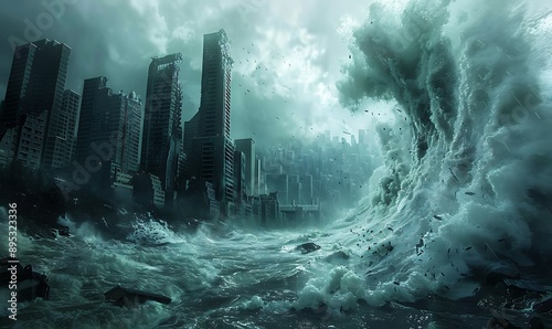 Catastrophic Ocean Tsunami Waves Engulfing Coastal Cities, Showcasing Nature's Destructive Power

