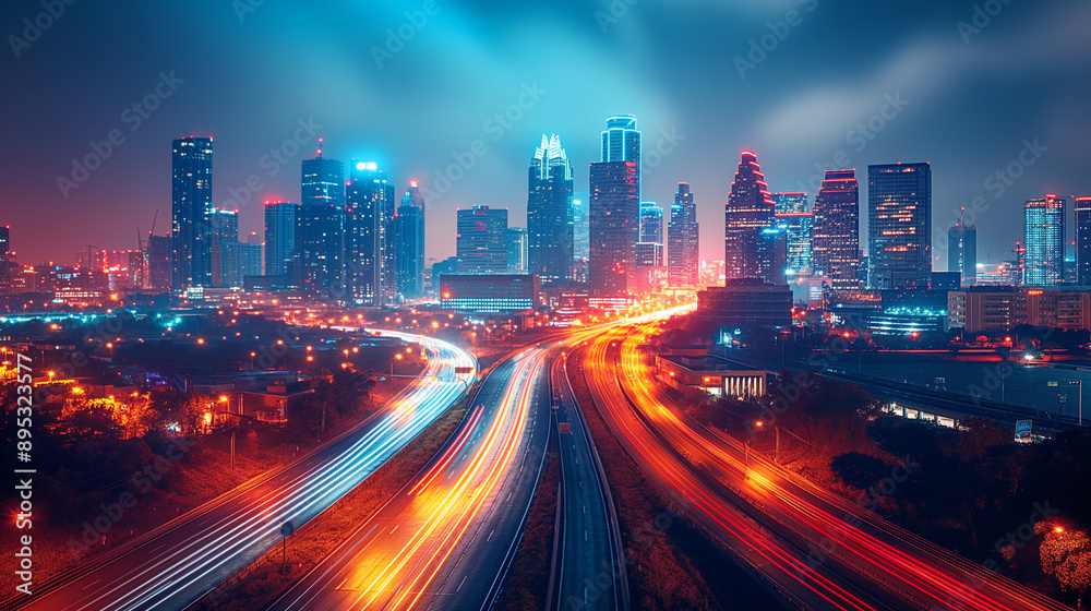 Long Exposure Shot of City Skyline at Night with Blurred Light Trails from Passing Cars Long Exposure Shot of City Skyline at Night with Blurred Light Trails from Passing Cars