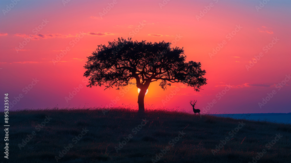 Silhouette Shot of Lone Tree Against Colorful Sunset Sky with Ample Negative Space Silhouette Shot of Lone Tree Against Colorful Sunset Sky with Ample Negative Space