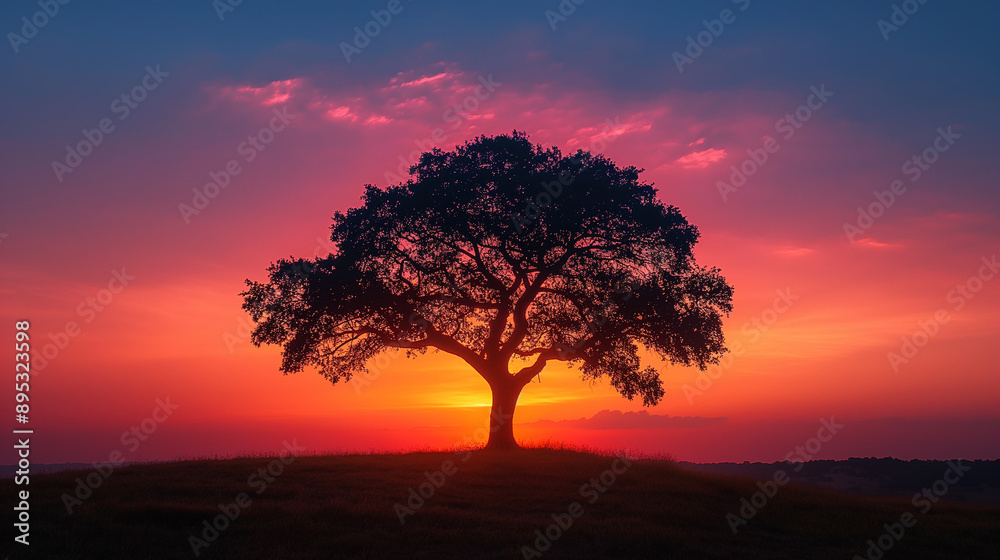 Silhouette Shot of Lone Tree Against Colorful Sunset Sky with Ample Negative Space