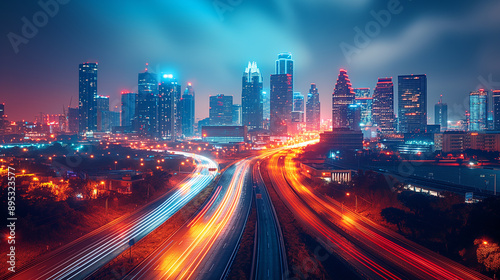 Long Exposure Shot of City Skyline at Night with Blurred Light Trails from Passing Cars
