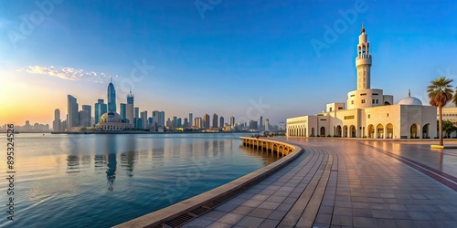 Panoramic view of Amiri Diwan and Musheireb Mosque from Corniche promenade in Doha, Qatar , Qatar, Doha photo