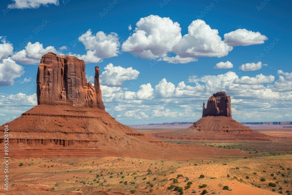 West and East Mitten Buttes, Monument Valley Navajo Tribal Park in northeast Navajo County, Arizona, USA - generative ai West and East Mitten Buttes, Monument Valley Navajo Tribal Park in northeast Navajo County, Arizona, USA - generative ai