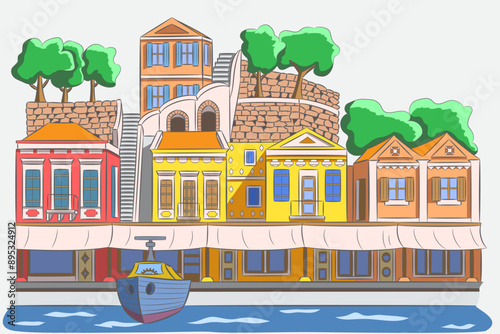 Drawing of traditional colorful Greek houses on the shore of the bay, Symi, Greece