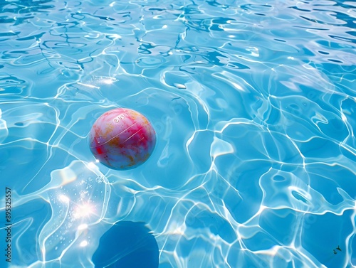 5. Playful ball buoyantly resting on the surface of a blue pool, surrounded by the shimmering, inviting water on a bright, sunny day photo