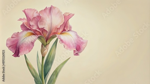 Watercolor botanical painting of a pink iris on ivory background, pink, iris, botanical, painting, watercolor, ivory, floral