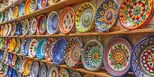 Colorful Portuguese ceramic pottery counter with a display of ceramic plates from Portugal, Portuguese, ceramic, pottery