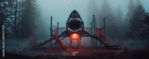 Mist rolling over a jungle gym shaped like a giant shark, playground adventures enveloped in an ethereal atmosphere
