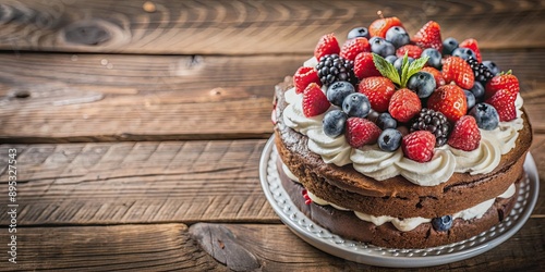 Chocolate cake with whipped cream and fresh berries on rustic wooden background, selective focus