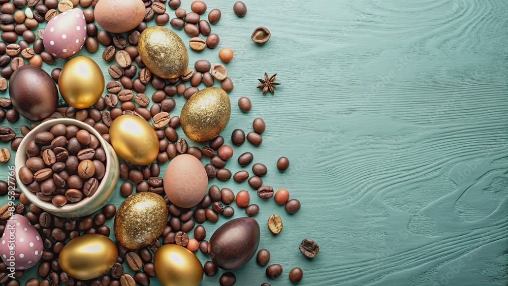 Coffee bean Easter pastel palette with chocolate Easter eggs, candy, and gold accents, Easter, pastel, palette, chocolate, eggs