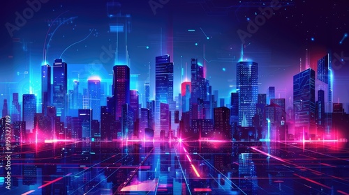 Wallpaper Mural Futuristic cityscape with neon lights, high-tech buildings, and digital elements, creating a vibrant and modern atmosphere Torontodigital.ca