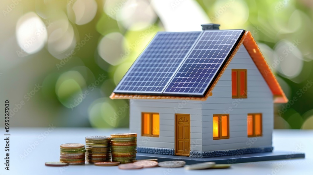 Toy house with solar panels and stack of coins Toy house with solar panels and stack of coins