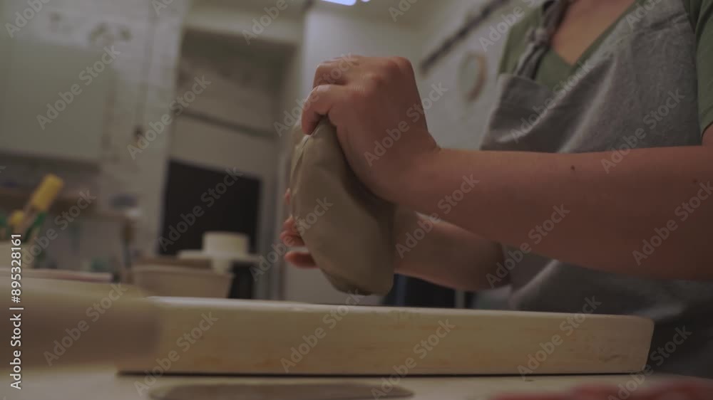 Wedging the clay before starting making a pottery project to create proper consistency 4k video. Removing air bubbles from clay before modeling to avoid the ruination of a ceramic product. Wedging the clay before starting making a pottery project to create proper consistency 4k video. Removing air bubbles from clay before modeling to avoid the ruination of a ceramic product.