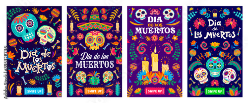 Day of the dead Mexican holiday posters, dia de los Muertos celebration flyers. Vibrant vector cards with colorful alebrije sugar skulls, marigolds and traditional symbols of Mexico honor the deceased