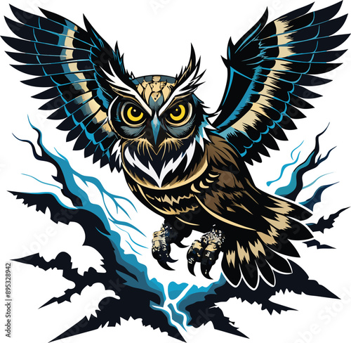 Majestic owl soars through raging tempest. 