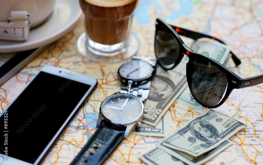 Travel accessories on a map with dollar bills, representing travel planning and financial preparation. Travel accessories on a map with dollar bills, representing travel planning and financial preparation.