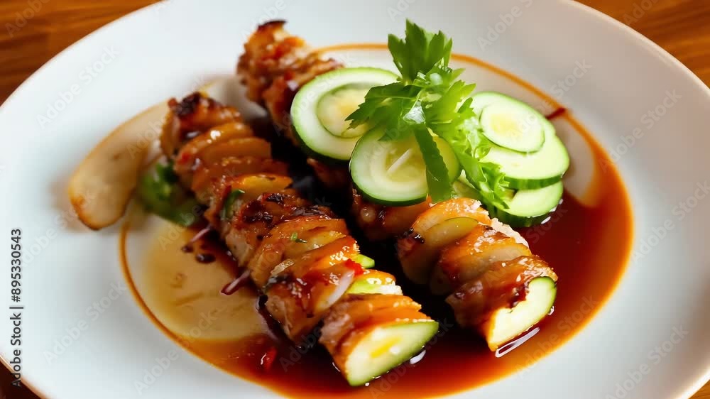 Grilled Chicken Skewers with Cucumber Garnish with Ai generated.
Grilled Chicken Skewers with Cucumber Garnish with Ai generated.