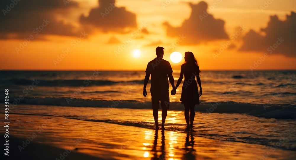 Silhouette of romantic couple honeymoon on sunset beach, tropical holidays on beach, man and woman couple together on vacation, travel concept. Silhouette of romantic couple honeymoon on sunset beach, tropical holidays on beach, man and woman couple together on vacation, travel concept.