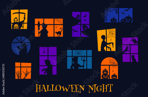 Halloween windows with scary silhouettes of monsters and zombie with pumpkins, cartoon vector. Halloween holiday or horror night party death, witch with broom and spooky ghosts silhouettes in windows
