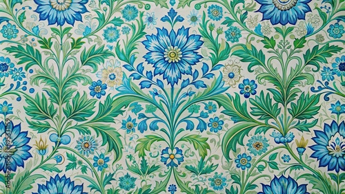 Decorative wallpaper featuring intricate floral patterns in shades of blue and green, floral, decorative, wallpaper, pattern