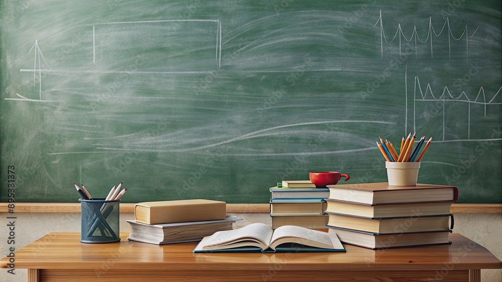 School study classroom setting with a blackboard filled with equations and stacks of books on a desk , education School study classroom setting with a blackboard filled with equations and stacks of books on a desk , education