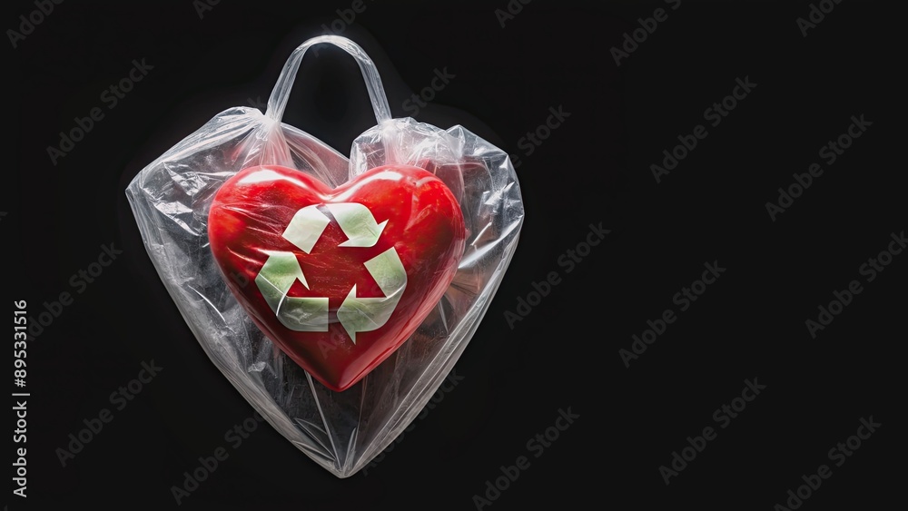 Plastic heart shaped bag on black background representing environmental impact and recycling, plastic Plastic heart shaped bag on black background representing environmental impact and recycling, plastic